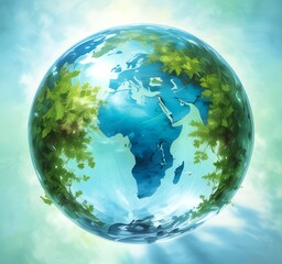 Naklejka premium A transparent Earth globe filled with clean blue water and green leaves inside