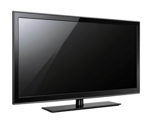 A sleek modern black flat screen television with thin bezels and realistic reflection 