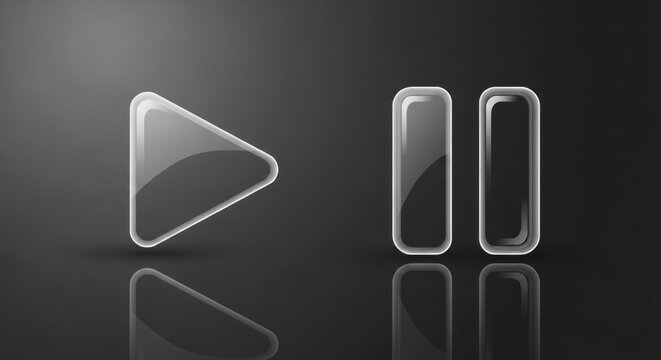 Glossy 3D Play and Pause Buttons with Reflection, Modern Media Player UI Icons on Gradient Backdrop