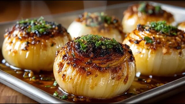 Caramelized Onions with Herbs on Rectangular Metal Tray