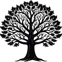 Obraz premium Oak Tree Silhouette Vector Black Nature Logo and Abstract Tree Emblem for Eco Branding. Vector illustration