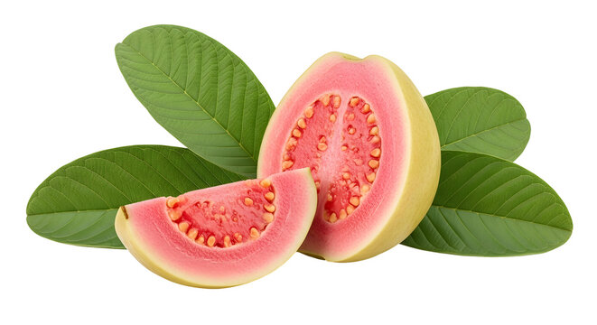 Fresh guava fruit with leaves isolated on transparent background, showcasing the vibrant pink flesh and green skin