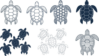 Sea turtle vector set, marine animal illustration, ocean wildlife clipart, aquatic reptile design, stylized shell patterns, underwater nature art, black silhouette icons