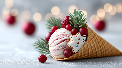 Christmas ice cream cone filled with festive decorations and treats  