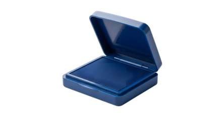 Blue ink pad isolated on transparent background, open and ready for use in stamping documents or crafting projects, providing a clear and consistent impression