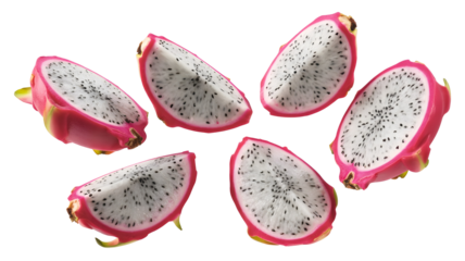 Several slices of dragon fruit isolated on transparent background