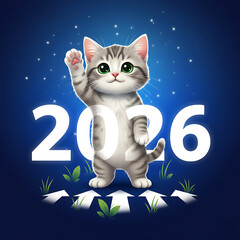 Cute Tabby Cat Celebrating New Year 2026 Vector Illustration with Growth Arrows