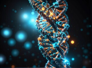 A stunning, glowing DNA double helix spirals against a dark background illuminated by vibrant blue and orange light particles, symbolizing the beauty and complexity of genetic science.
