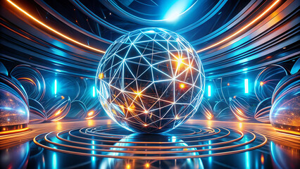 Futuristic glowing orb with intricate geometric network in a neon lit tunnel