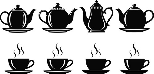 Teapot and teacup silhouette set, black and white tea vector, steaming cup design, vintage kitchen graphic, elegant beverage icon collection
