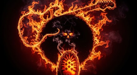 Fiery electric guitar silhouette ignited in flames against a dark background