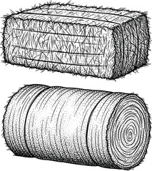 Vintage sketch of rectangular and round hay bales, detailed farm illustration of straw bundles, agricultural harvest drawing, rural countryside concept © Ideasy Mind