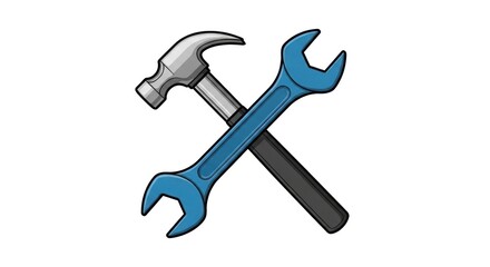 Two crossed wrenches and a hammer, with a blue and black color scheme, against a white background.
