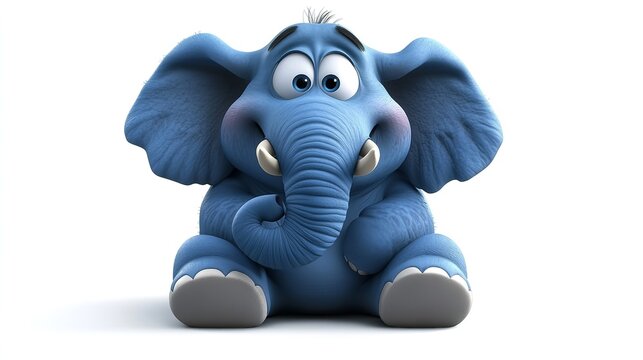 A cartoon blue elephant sitting with its trunk curled up on a white background looking forward