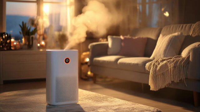 Home air purifier releasing mist in cozy living room, camera zooms in on details