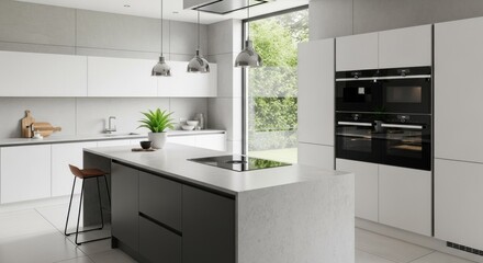 A modern, minimalist kitchen with white and grey cabinets, a white countertop, and a large window overlooking a garden.