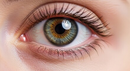 Fototapeta premium A close-up of a green eye with a light brown iris and a white pupil, surrounded by light brown eyelashes and a light brown eyebrow, set against a light brown background.