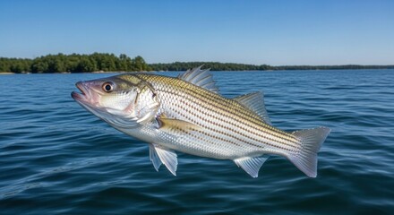 A striped bass fish swimming in clear blue water with a forested shoreline in the background.