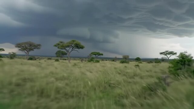 slow, sweeping pan over a rolling savannah as a dramatic thunderstorm rolls in across the horizon.