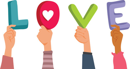 Hands Holding Letters Spelling Love Vector Illustration. Social community based on bonding and heartfelt relationships concept design 


