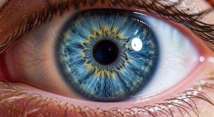 A close-up of a human eye with blue irises and brown eyelashes, set against a blurred background. © Chandara