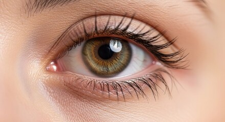 Obraz premium A close-up of a woman's eye with long, dark eyelashes and a green iris, set against a blurred background.