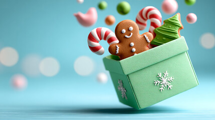 Green gift box releasing festive objects like gingerbread cookie and candy canes  
