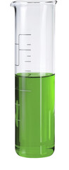 laboratory beaker with green liquid on white background.