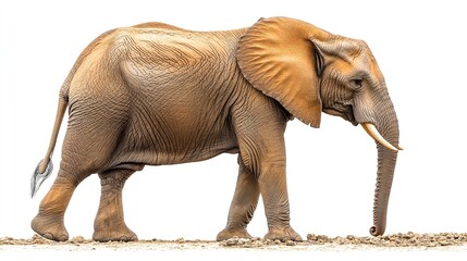 A full body shot of an african elephant walking on dirt against a white background in a studio shot