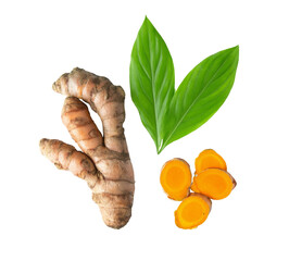 turmeric root, slices, and leaves on white background