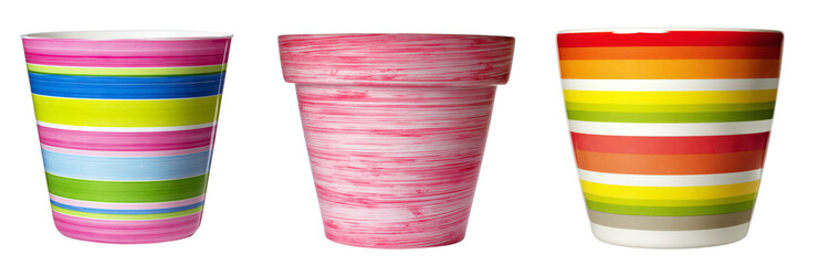 colorful striped cups, isolated on white background.