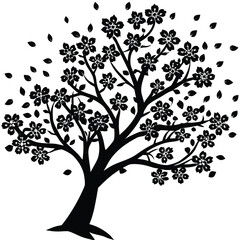 Obraz premium Black silhouette of a cherry blossom tree with delicate branches and flowers. Perfect for spring designs, Japanese themes, nature logos, wellness brands, and minimalist illustrations.