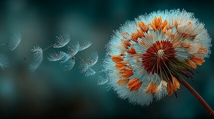Stunning macro view of dandelion seeds dispersing in misty morning light, evoking hope and new beginnings
