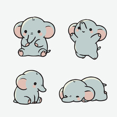 Cute baby elephant illustration set in different poses, pastel cartoon animal art