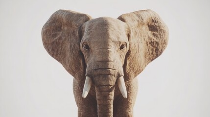 A close up shot of an elephant with large ears and tusks standing against a plain white background