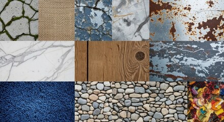 A collection of various textures and materials, including concrete, wood, metal, stone, and fabric, arranged in a grid format.