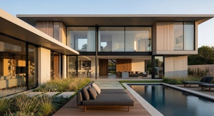 Fototapeta premium A modern, minimalist house with large glass windows and a wooden deck, featuring a swimming pool and a patio area with a lounge chair and a table.