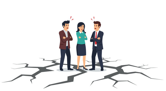 Frustrated business team arguing over shaky ground, highlighting conflict and disagreement in modern workforce with team dynamic challenges