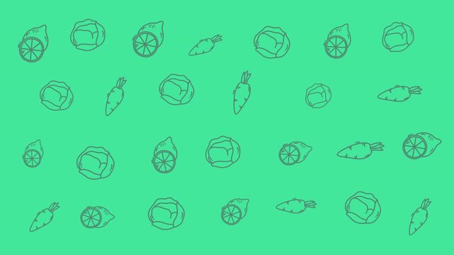 Pattern of lemons, cabbages, and carrots ideal for kitchen wallpaper, recipe book cover, grocery store flyer, or food blog header.