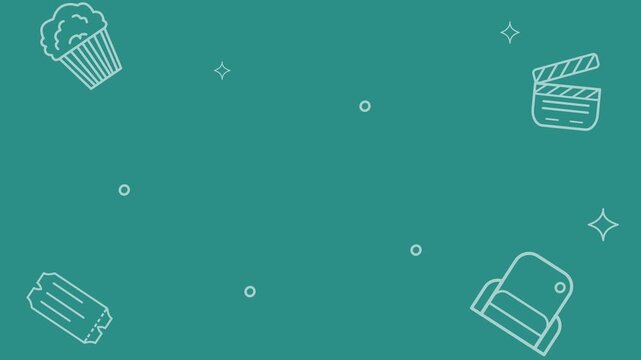 A playful, entertainment-themed teal background scattered with white-outlined movie theater icons, Suitable for use in contexts related to food and film