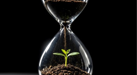A powerful concept of hope. A new green sprout grows in an hourglass as soil runs out. A dramatic, isolated shot for climate change, deadlines, or new beginnings.