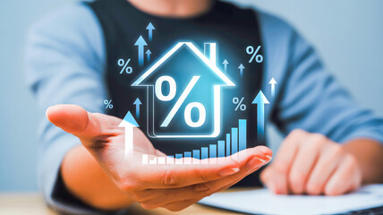 Hand holding glowing house icon with rising percentages