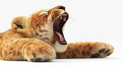 A lion cub yawning widely while lying down on a white surface with its paws stretched out in front