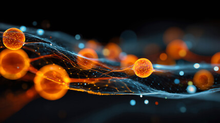 Colorful, abstract image of a strand of molecules with blue and orange spheres. Metabolic Health Concept