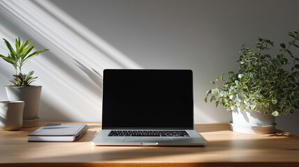 Laptop sits on a wooden desk next to potted plants. Concept of productivity and relaxation, as the laptop suggests work or study, while the potted plants add a touch of nature