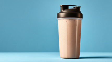 Protein shake in shaker bottle or smoothie for healthy lifestyle on a blue background with copy space