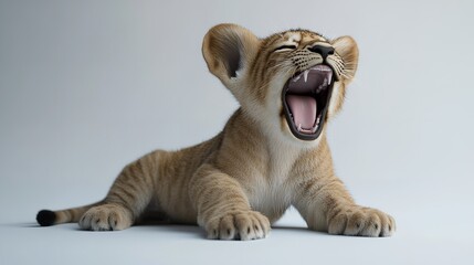 A yawning lion cub lying down on a white surface with its mouth open showing its teeth and tongue