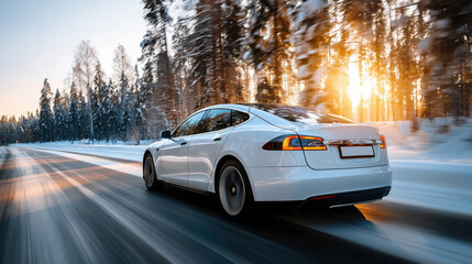 White hybrid or electric car is driving down a snowy road. The car is moving fast and the sun is shining brightly in the background. The scene is peaceful and serene