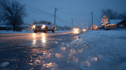 Car is driving down a street at night with ice on the road. The car is white and has its headlights on