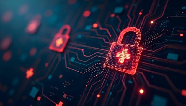 A padlock integrated with electronic circuits, emphasizing cybersecurity's critical role in digital healthcare and telemedicine
